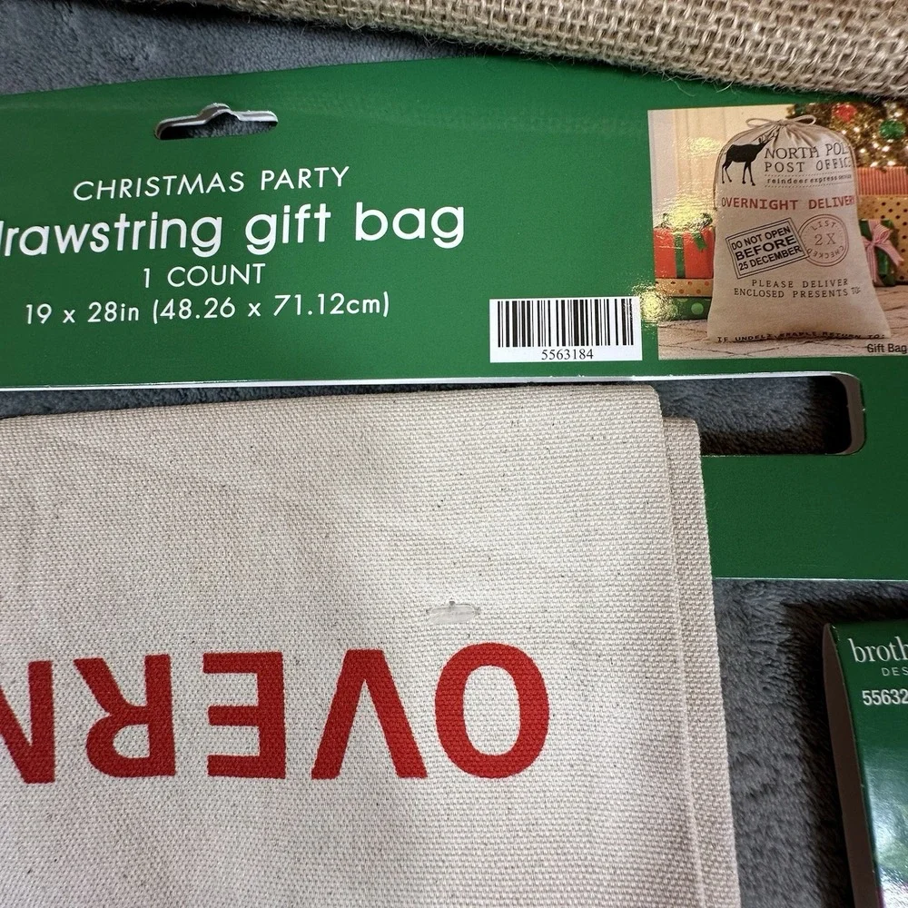 Christmas  Burlap Gift Bags XL Drawstrings 4 Pcs 3 Designs Reusable Santa Deer